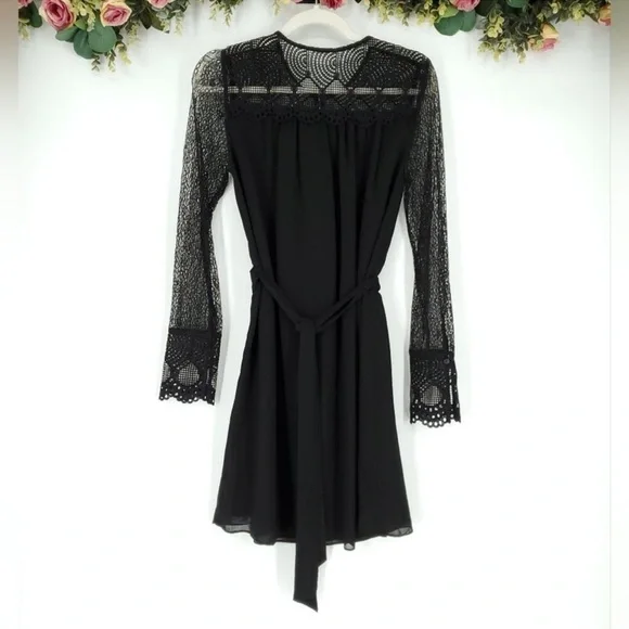 REISS Callista Lace Sleeve Belted Black Dress Size 0 - Picture 2 of 8